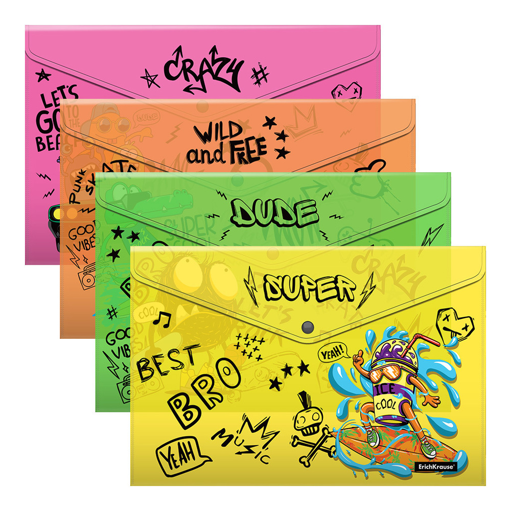 Набор из 4 папок-конвертов на кнопке пластиковых ErichKrause Funny Monsters, A4, ассорти  #1