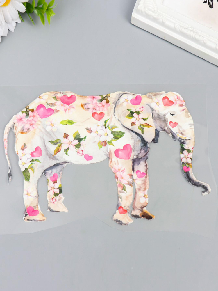 Термоаппликация на одежду "Слон в цветах и сердечках" #1