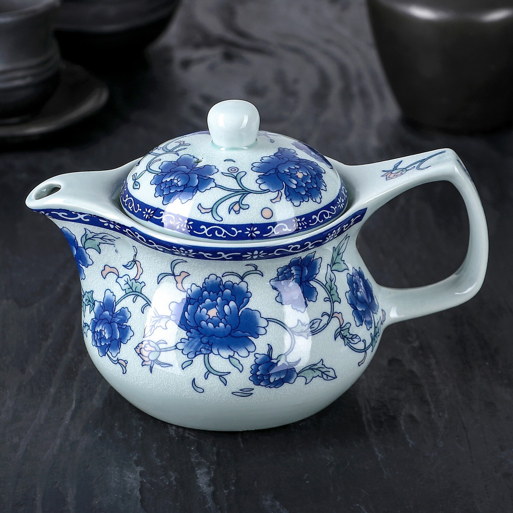 Чайник заварочный керамический "Цветение роз", заварник с металлическим ситом, цвет бело-синий, объем #1