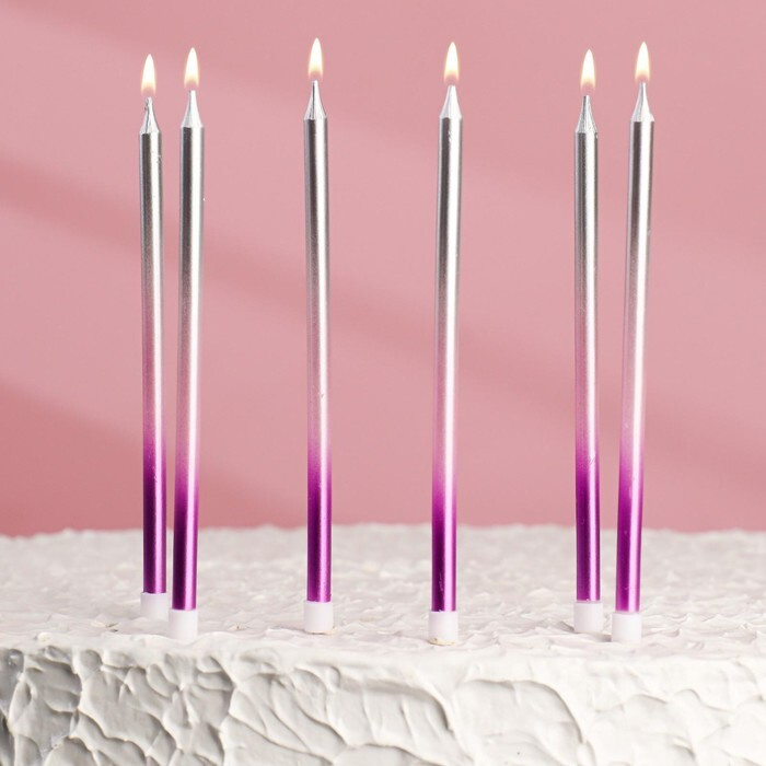 Свечи в торт "Ройс. Градиент", 6 шт, высокие, 13 см, фиолетовый, розовый, серебро  #1