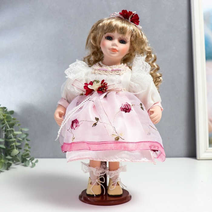 Кукла коллекционная керамика "Агата в бело-розовом платье и с цветами в волосах" 30 см  #1