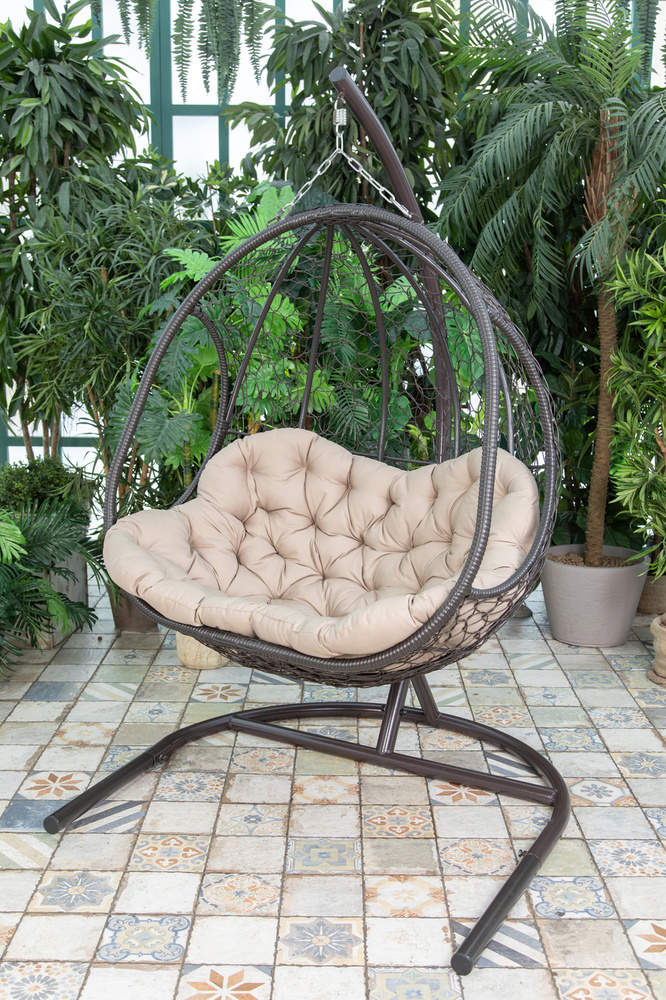 Подвесное садовое кресло Гермес на стойке, бежевое, KALYMERA, плетеный ротанг, мягкое сиденье, двухместное #1