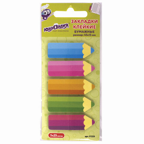 Клейкие закладки бумажные Юнландия Фигурные карандаши, 5 цветов по 25л., 45х15мм, 12 уп. (111359)  #1