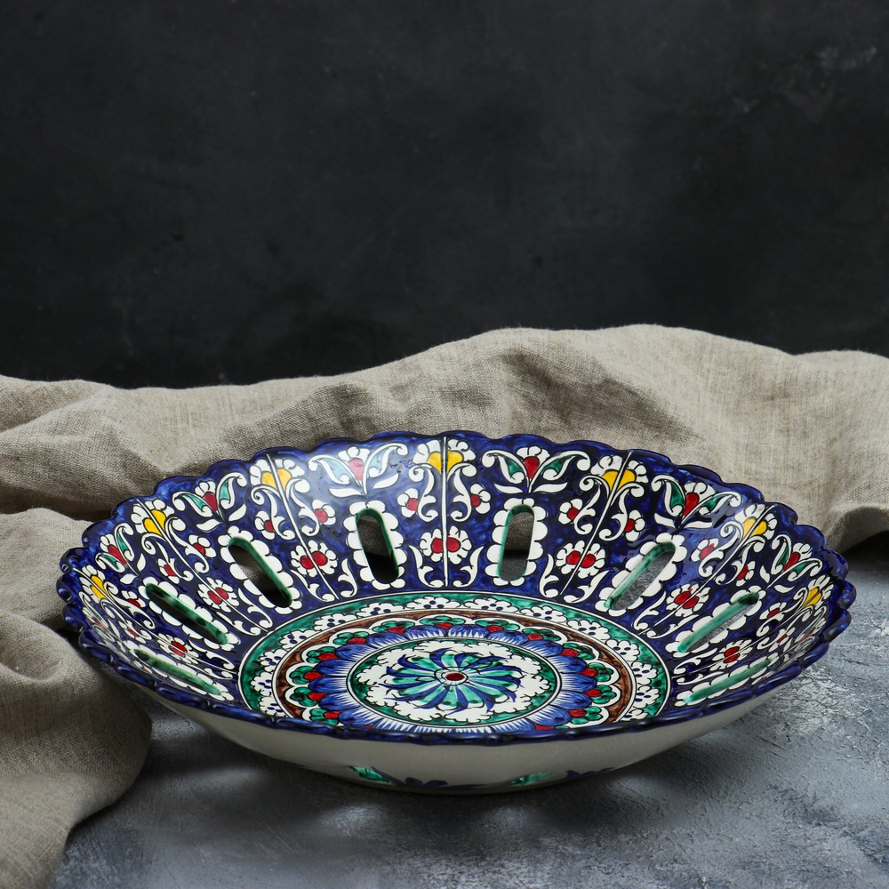 Фруктовница Риштанская Керамика, диаметр 33 см, цвет синий  #1