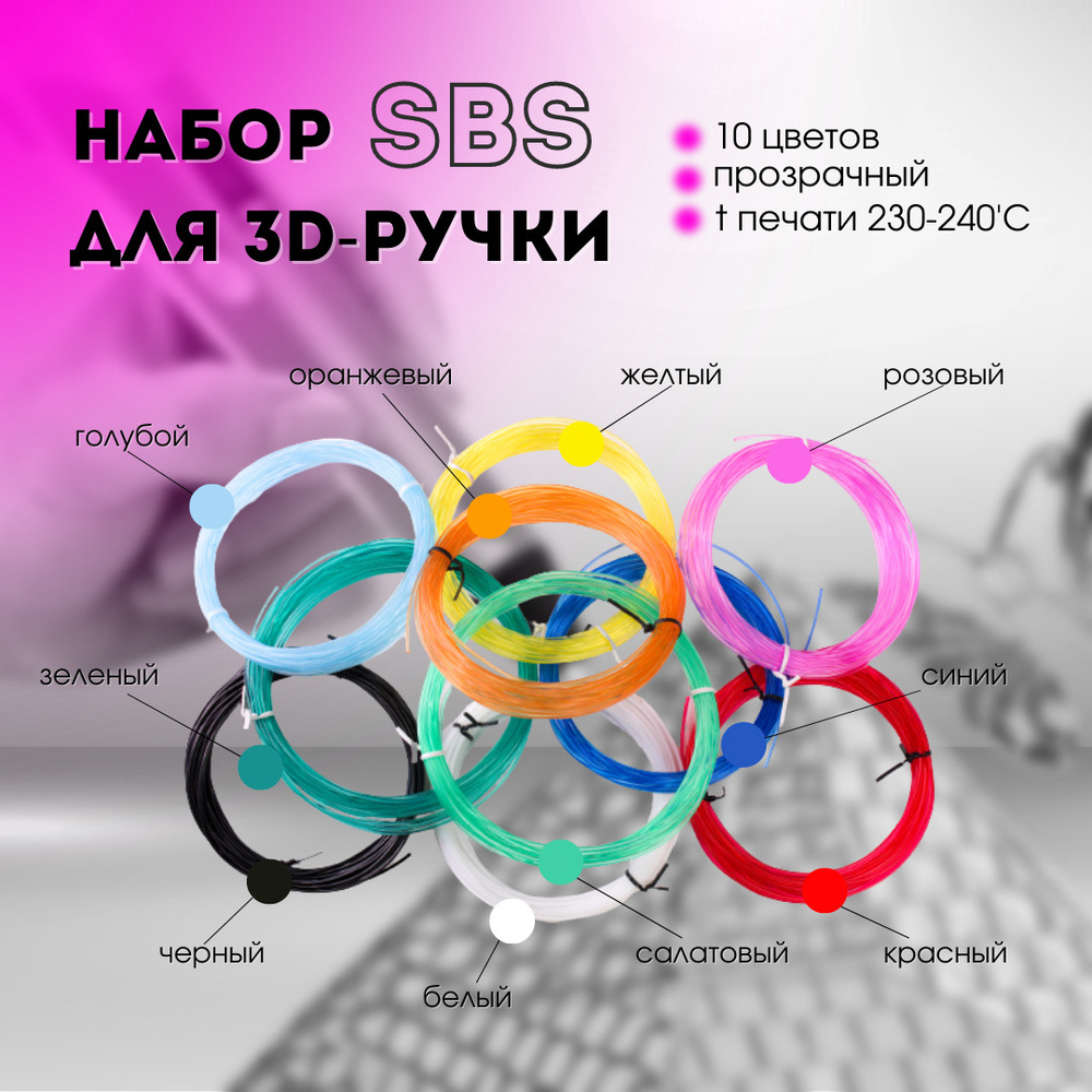 Набор SBS пластика для 3d-ручки 100 метров (10 цветов по 10 метров)  #1
