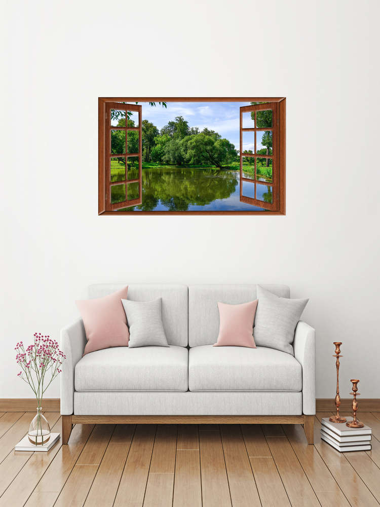 Наклейка интерьерная на стену "Вид из окна на лесное озеро", 75х50 см самоклеющаяся  #1