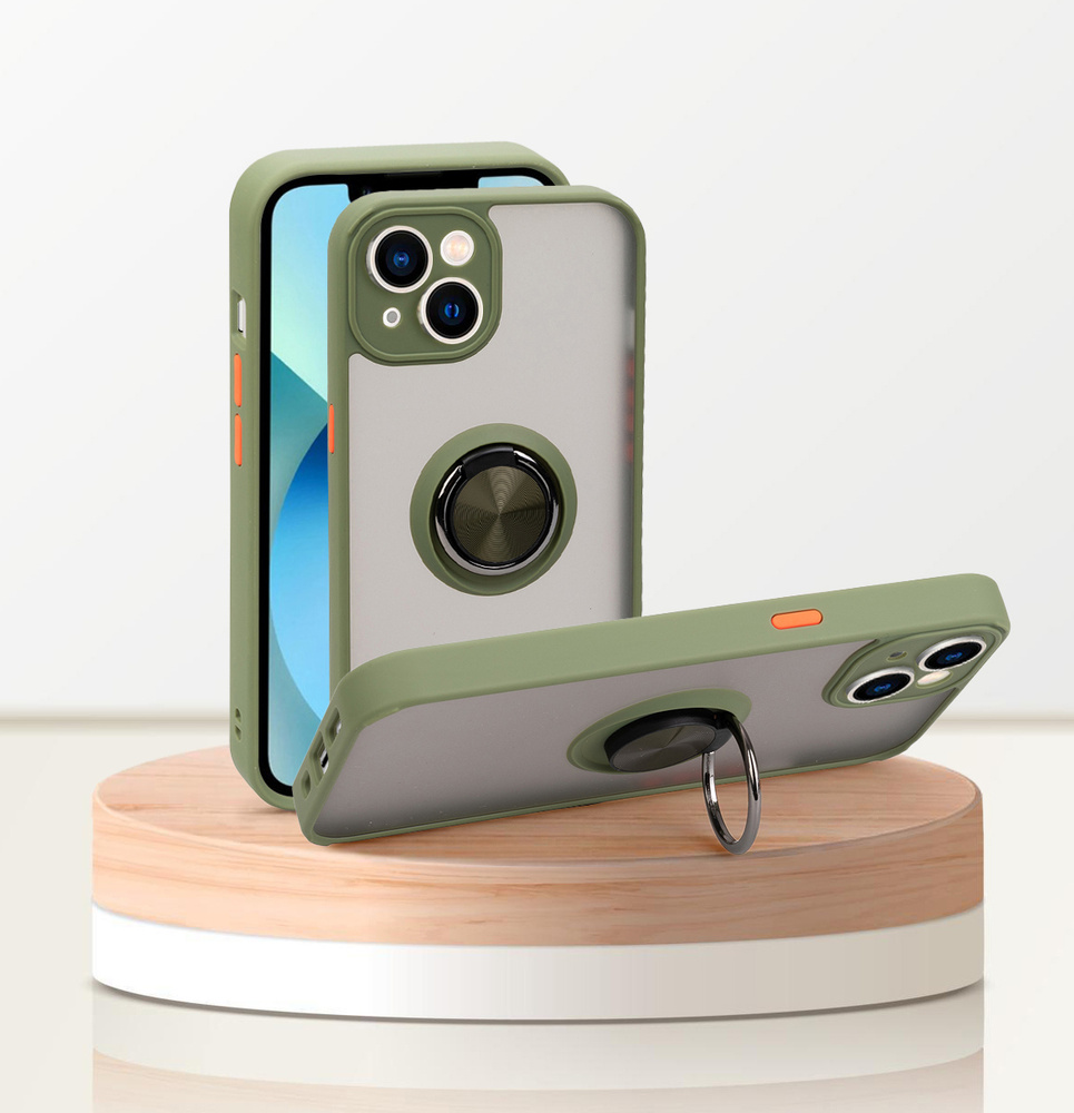 Чехол для айфон 13 мини / iphone 13 mini, хаки, с кольцом, магнитный, подставка, защита камеры  #1