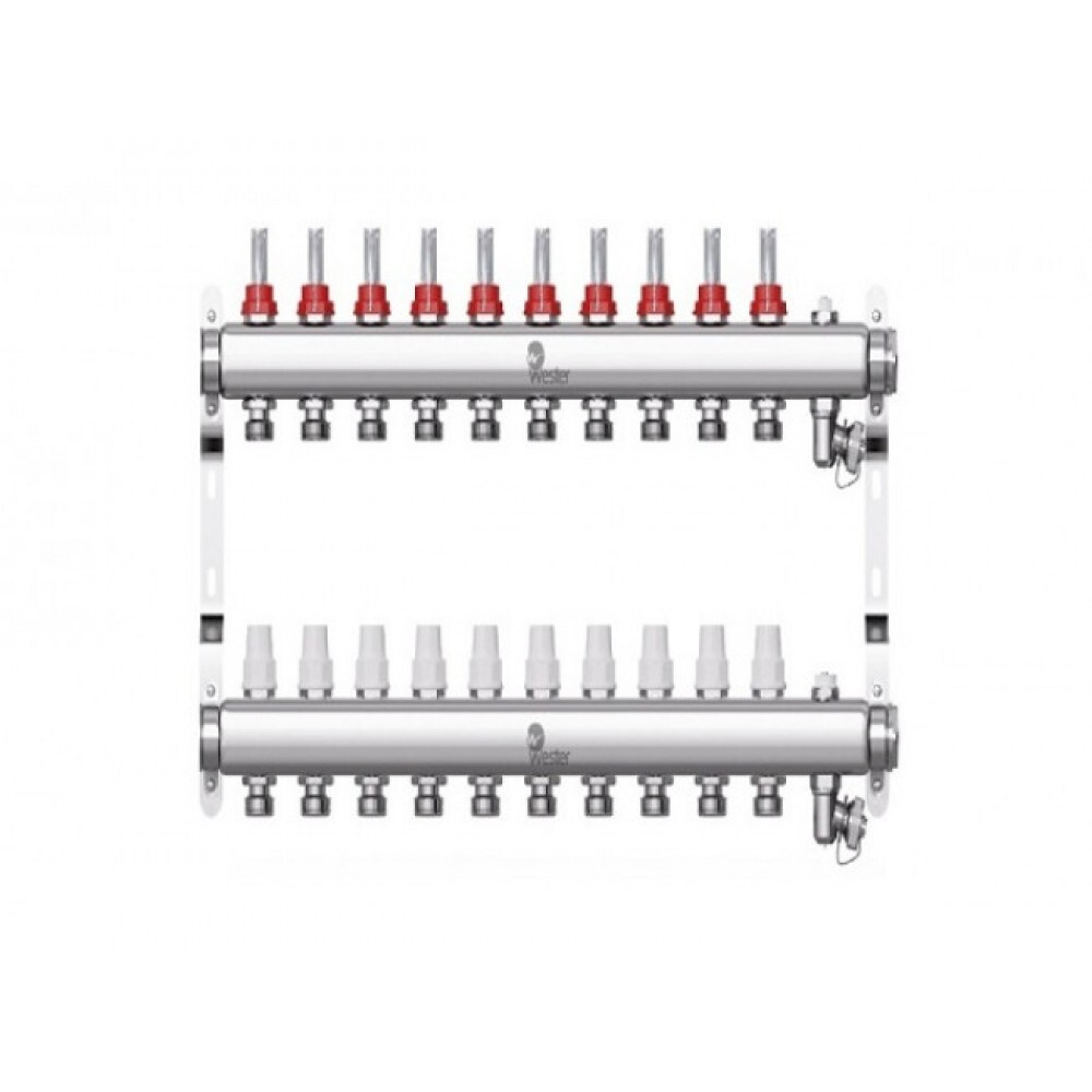 Коллекторная группа 1" из нерж. стали на 10 выходов 3/4"ЕК с расходомерами, коллектор W902 в сборе, Wester #1