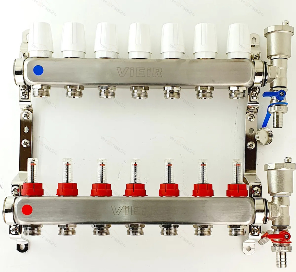 Коллектор для теплого пола 7 контуров в сборе распеределительный с расходометрами 1"x3/4" VIEIR  #1