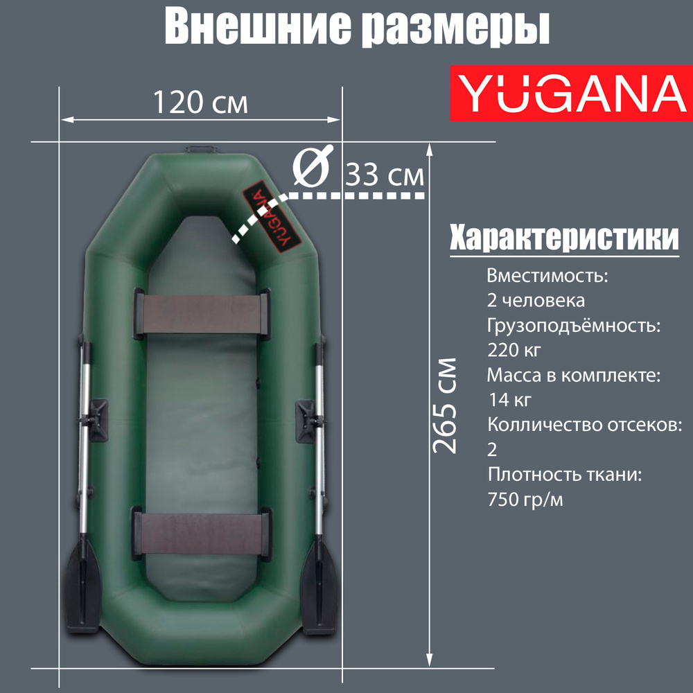 Лодка YUGANA "S 262", надувная, с веслами, 2 места, цвет хаки #1