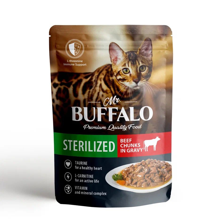 Mr.Buffalo Sterilised влажный корм для взрослых стерилизованных кошек с говядиной в соусе, в паучах - #1