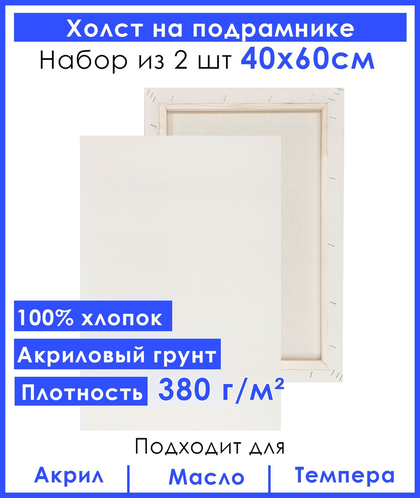 Холст грунтованный на подрамнике 40х60 см, двунитка хлопок 100%, для рисования, набор 2 шт.  #1