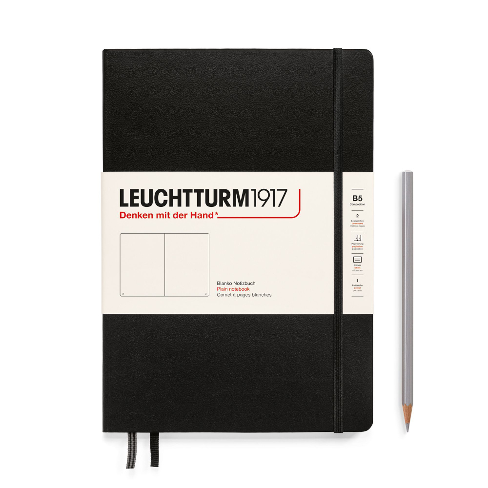 Блокнот Leuchtturm1917 Composition B5, нелинованный, твердая обложка, черный + держатель для ручки Pen #1