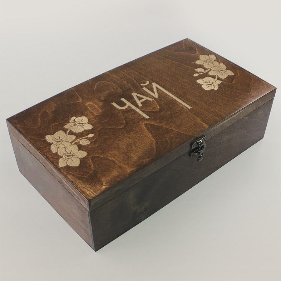 Коробка для чайных пакетиков (Чайница) из дерева, большая, 4 отделения с крышкой (цветы, растения) - #1
