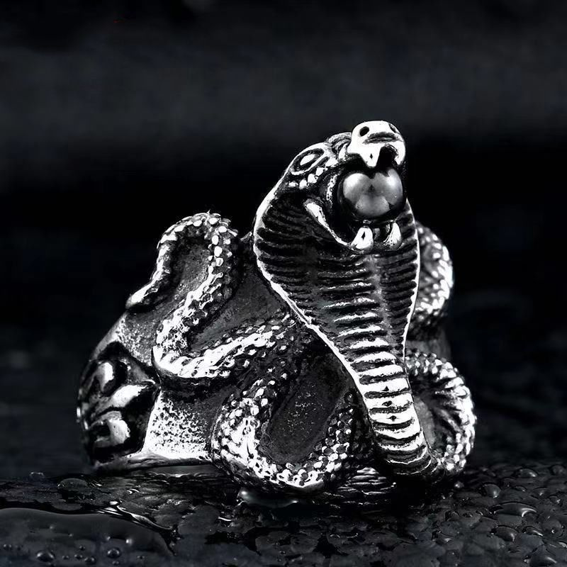 Кольцо "Змея с черным камнем" безразмерное / #1