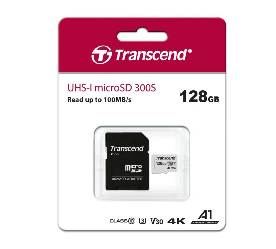 Transcend Карта памяти 300S 128 ГБ (TS128GUSD300S-A, microSDXC + SD адаптер, UHS-I, U3, V30, Class 10, #1