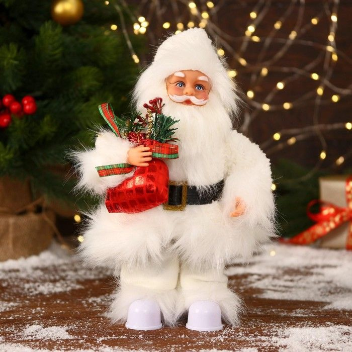 Дед Мороз "В меховом белом костюмчике, с мешком" двигается, 11х30 см  #1