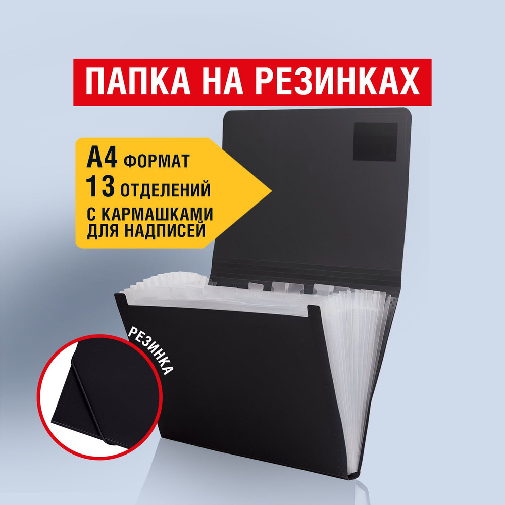 Папка на резинках для документов канцелярская пластиковая формата А4 "Business", 13 отделений, черная, #1