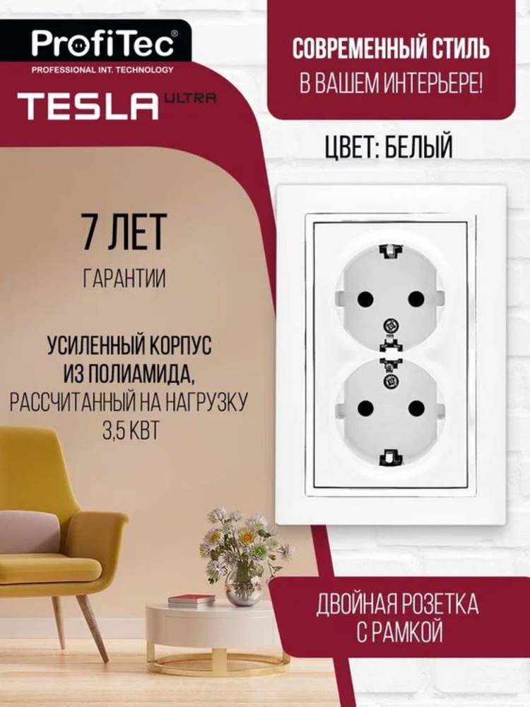 Розетка двойная с рамкой Profitec Tesla, заземление, шторки, евро  #1