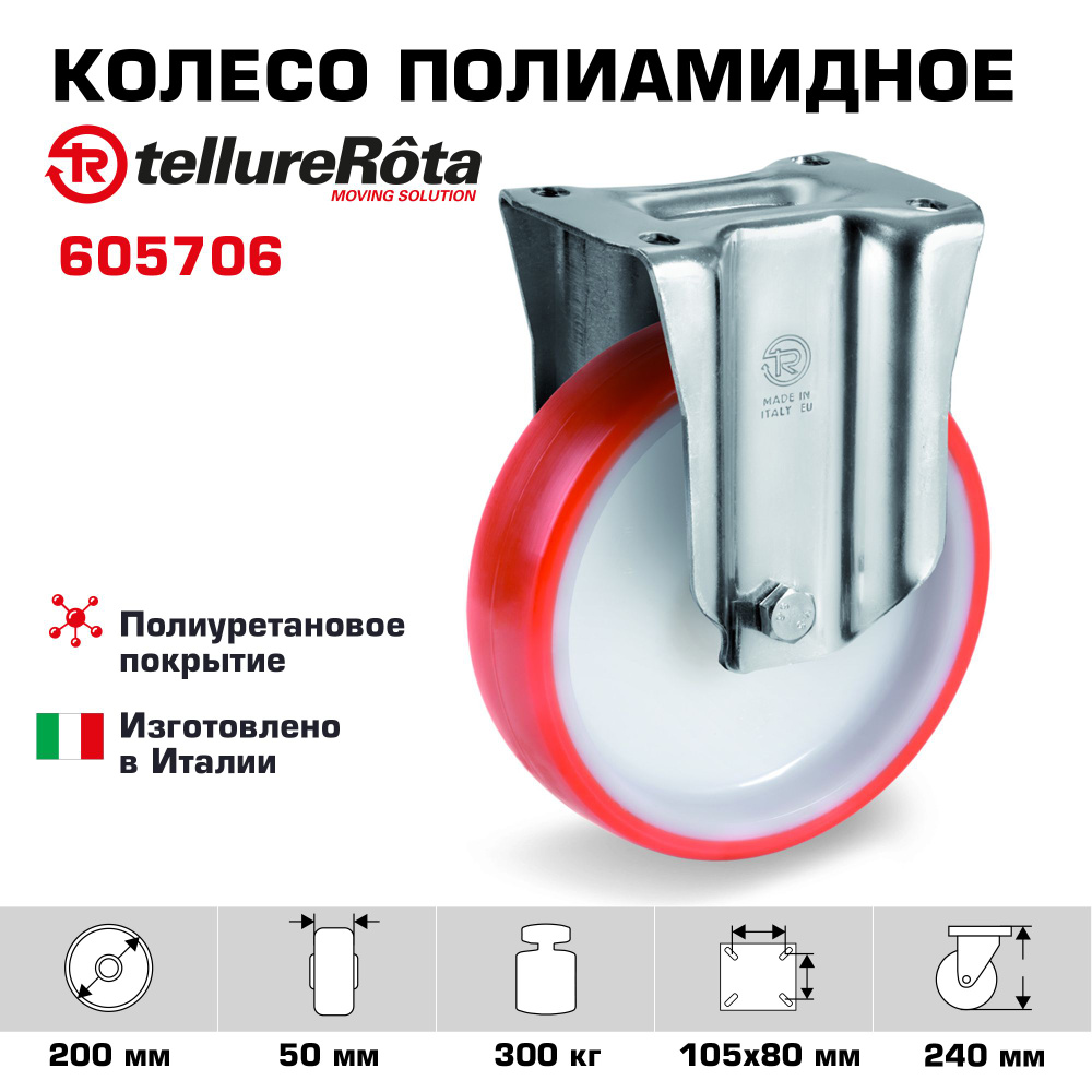 Колесо Tellure Rota 605706 неповоротное, диаметр 200мм, грузоподъемность 300кг  #1