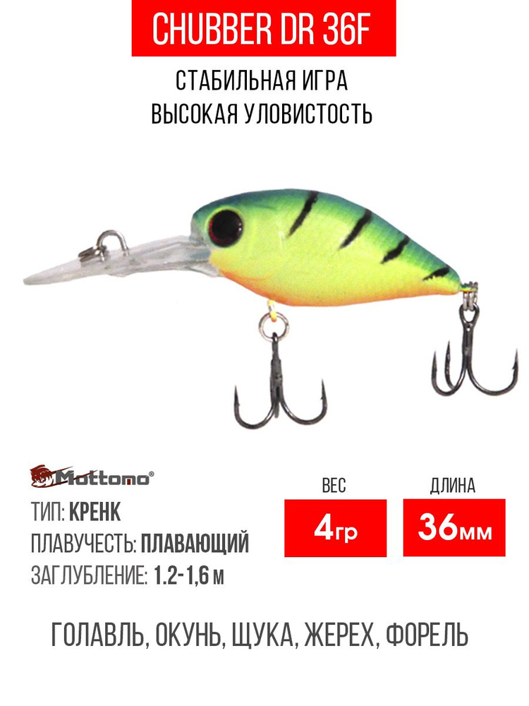 Воблер для рыбалки Mottomo Chubber DR 36F 4g Lime Tiger, крэнк плавающий для спиннинга. Приманка на голавля, #1