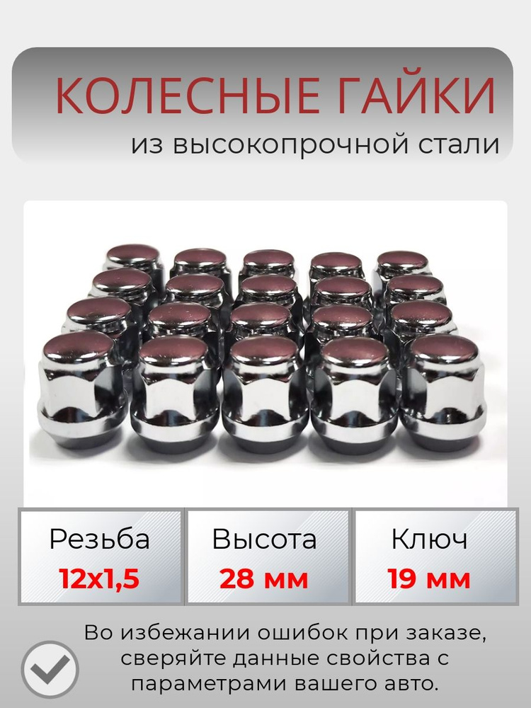 Комплект колесных гаек М12х1,5 (конус, ключ 19 мм, высота 28 мм ) комплект 20 штук, хром  #1