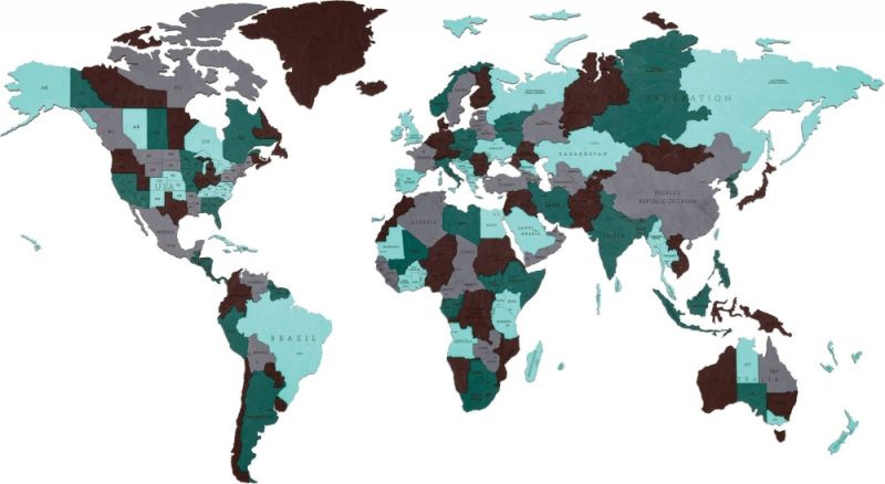 Деревянная карта мира EWA настенная, объемная 3 уровня, размер L (192x105 см), цвет изумуруд  #1