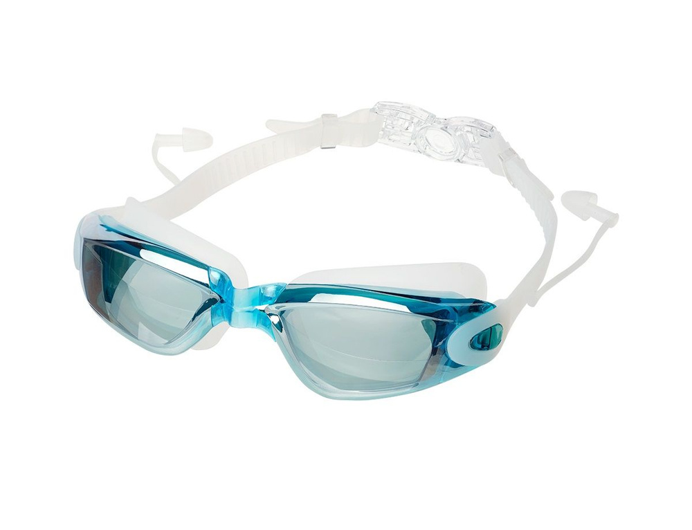 Очки для плавания взрослые с берушами, зеркальные линзы, в чехле голубые  #1