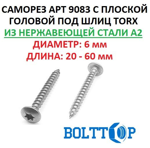 Саморез с плоской головкой под шлиц TORX АРТ 9083 нержавеющий А2 (AISI 304), размер 6х30, 10 шт  #1