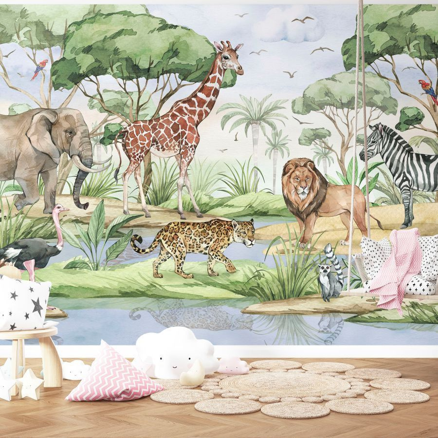 Тропики: Африканские животные (слон жираф зебра леопард саванна / Флизелиновые детские фотообои на стену #1