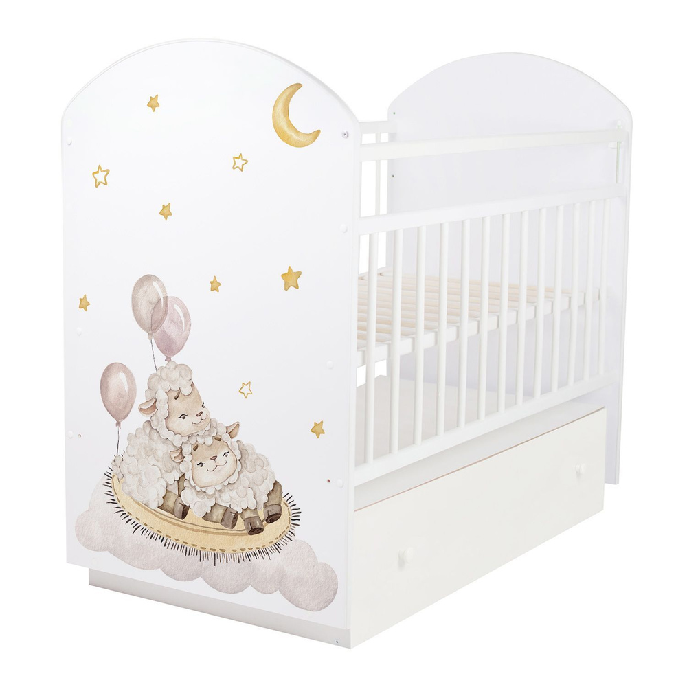 Кроватка детская Indigo With Love для новорожденных, с маятником и ящиком для белья, массив березы, белый #1