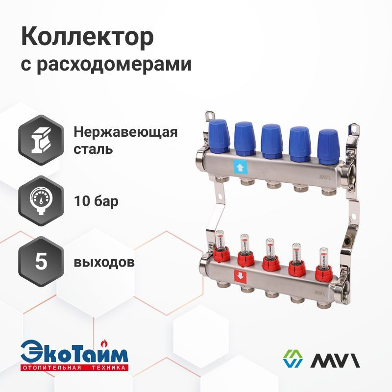 Коллектор MVI из нержавеющей стали в сборе с расходомерами 5 выходов / контуров / отводов  #1