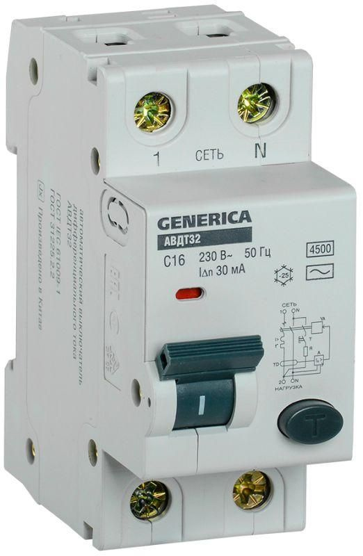 Выключатель автоматический дифференциального тока 2п C 16А 30мА тип AC 4.5кА АВДТ 32 C16 GENERICA MAD25-5-016-C-30 #1