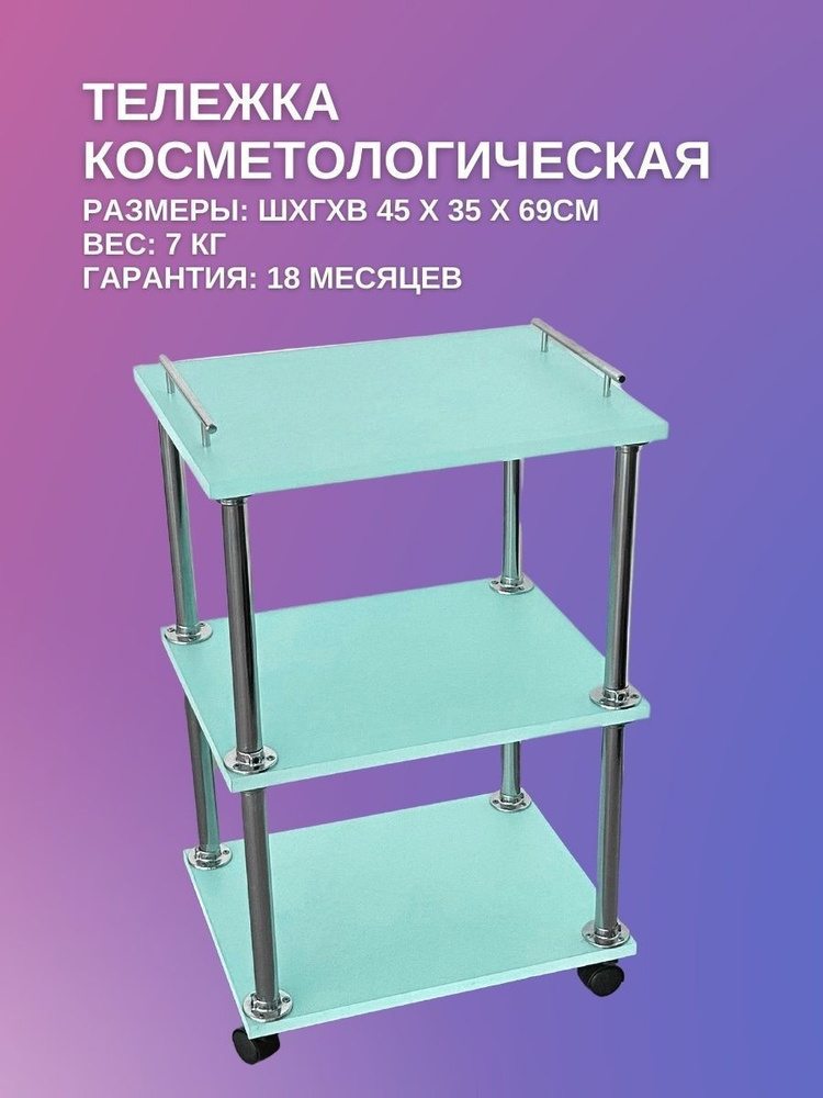 Тележка косметологическая 3-х секционная на колесиках для мастера, парикмахера голубая  #1