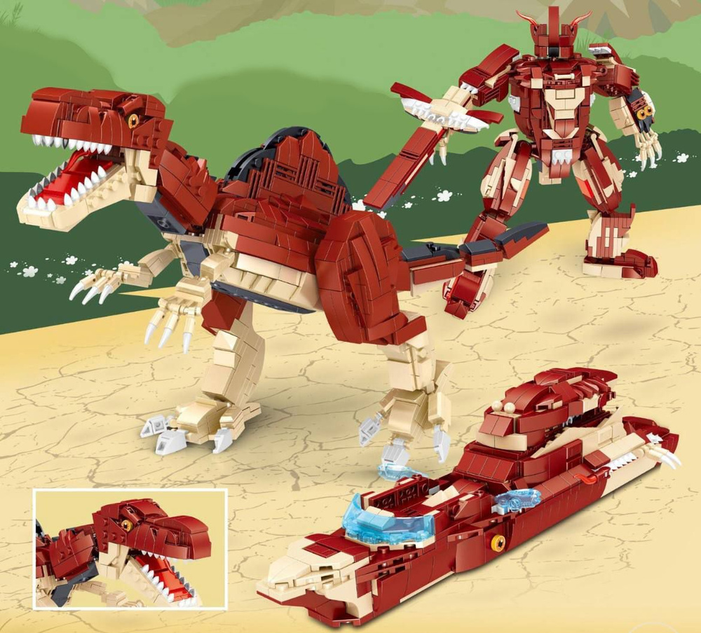 Конструктор трансформер 3 в 1 Динозавр "Spinosaurus" цвет бордовый, 698 деталей , Робот, Лодка, Детский #1