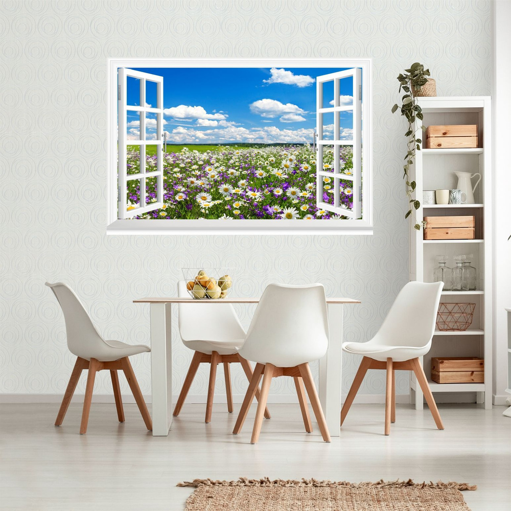 Фотообои, постер "Вид из окна "Поле с ромашками" 100х150 см. для спальни, кухни, гостиной  #1