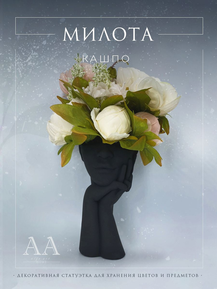 Кашпо для цветов и декора девушка с руками Милота, черная матовая из гипса, 1 шт  #1