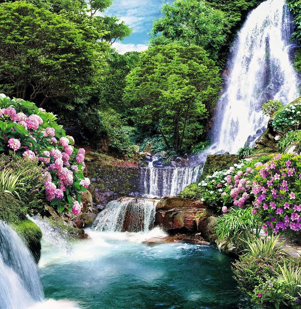 Фотообои глянцевые на стену Цветущий водопад 196*201 см #1