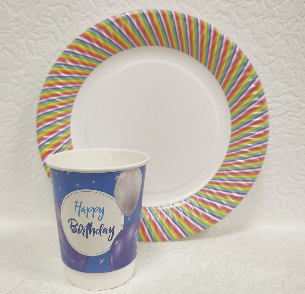 Набор День Рождения, Двухслойные стаканчики Happy birthday, Синие шарики, 250мл, бумажные тарелки Радуга, #1
