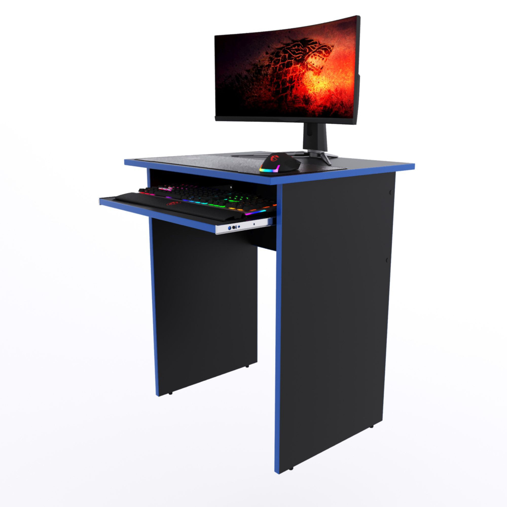 Компьютерный стол "Минис+" с полкой, 60х50х72,6 см, чёрный с синей кромкой  #1