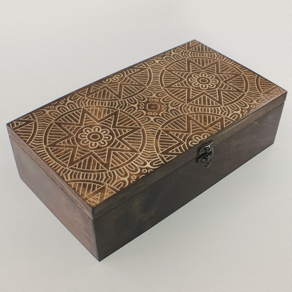 Коробка для чайных пакетиков (Чайница) из дерева, большая, 4 отделения с узором "минимализм мандала (роспись, #1