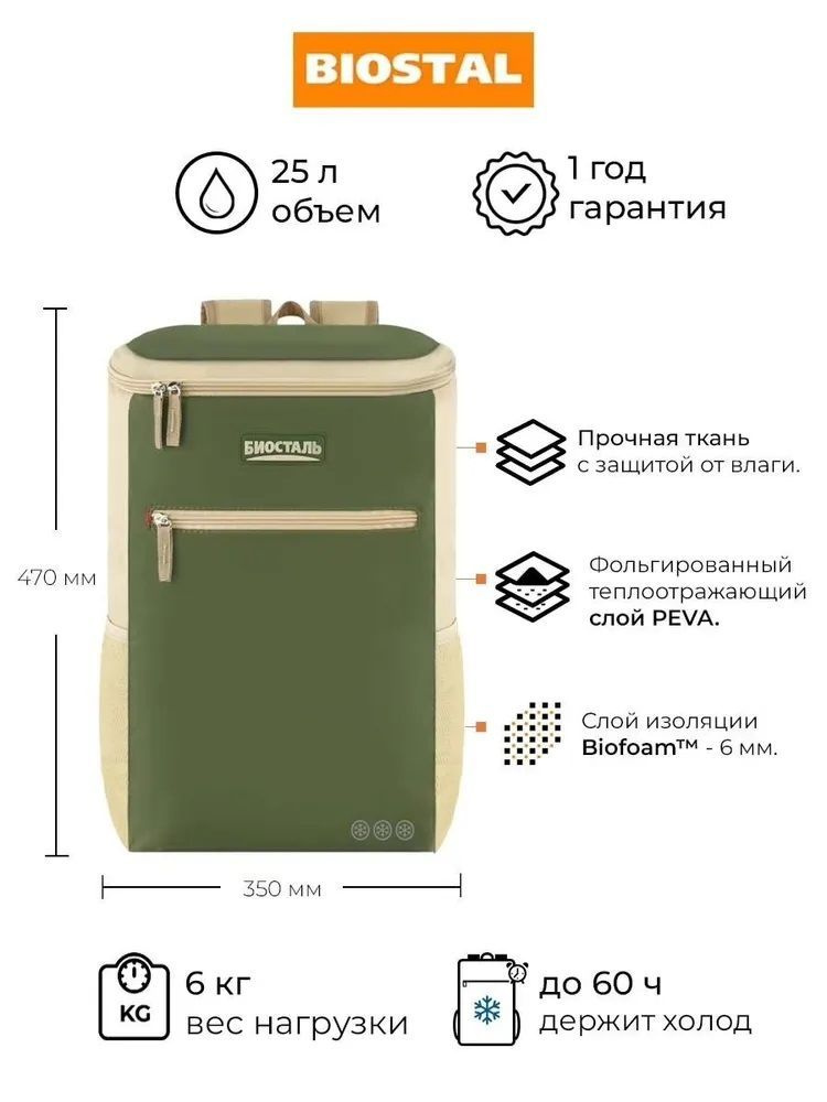 Рюкзак-холодильник Biostal Турист, зеленый, 25 л #1