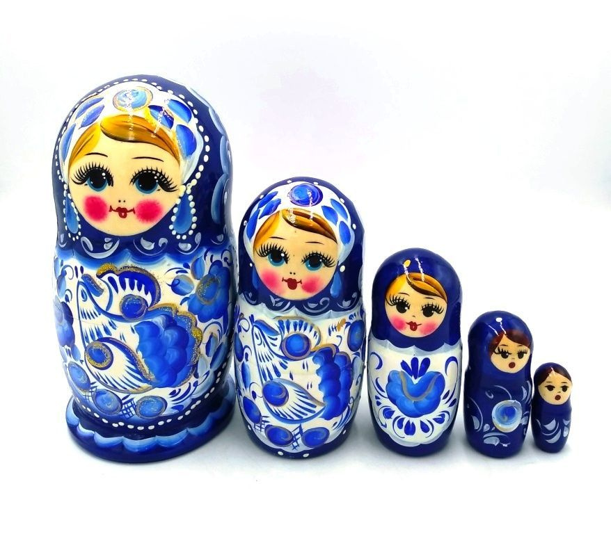 Матрешка деревянная 5 мест 18 см Бело-синяя, детская, авторская. Русский сувенир подарок ребенку на день #1