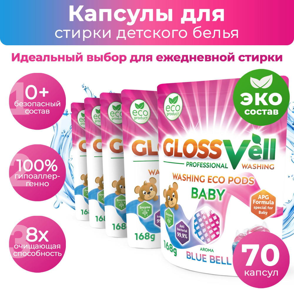 Капсулы для стирки детского белья с кондиционером Glossvell 5в1 Blue Bell , 70 шт, суперконцентрат, гипоаллергенные, #1