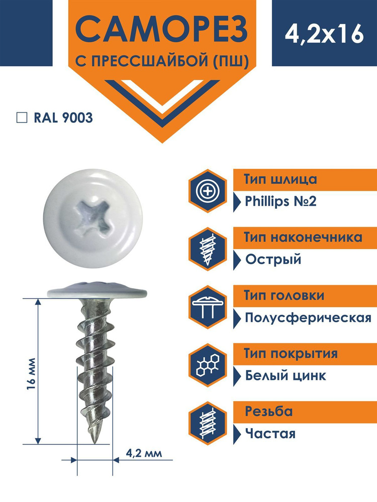 Саморез Rizzel ПШ 4,2х16 с прессшайбой острый RAL 9003 (1000 шт) #1