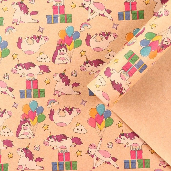 Упаковочная бумага для подарков крафт Единороги 2 листа 50х70см, подарочная упаковка в набор входит лента #1
