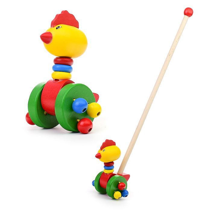 Игрушка каталка детская "Петушок" с ручкой красный/зеленый D0846 Щепочка  #1