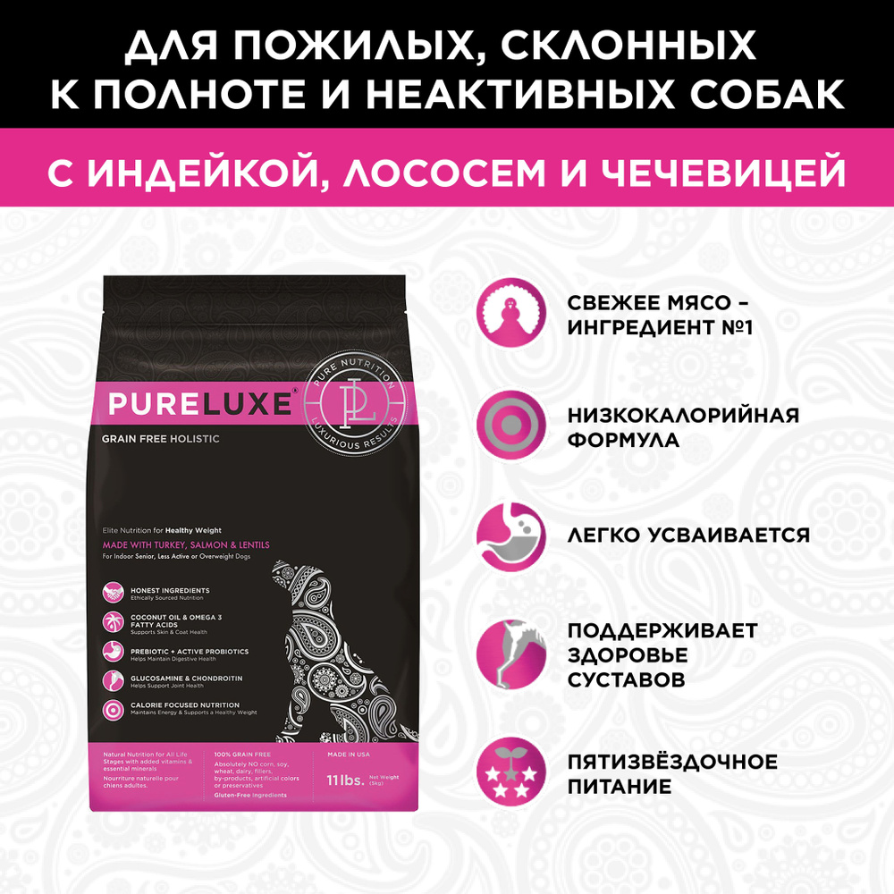 Сухой беззерновой корм PureLuxe Пурлюкс для нормализации веса собак с индейкой, лососем и чечевицей, #1