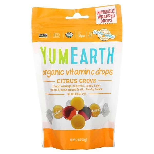 YumEarth, Органические леденцы с витамином С Citrus Grove, цитрусовая роща, 93,5 г  #1
