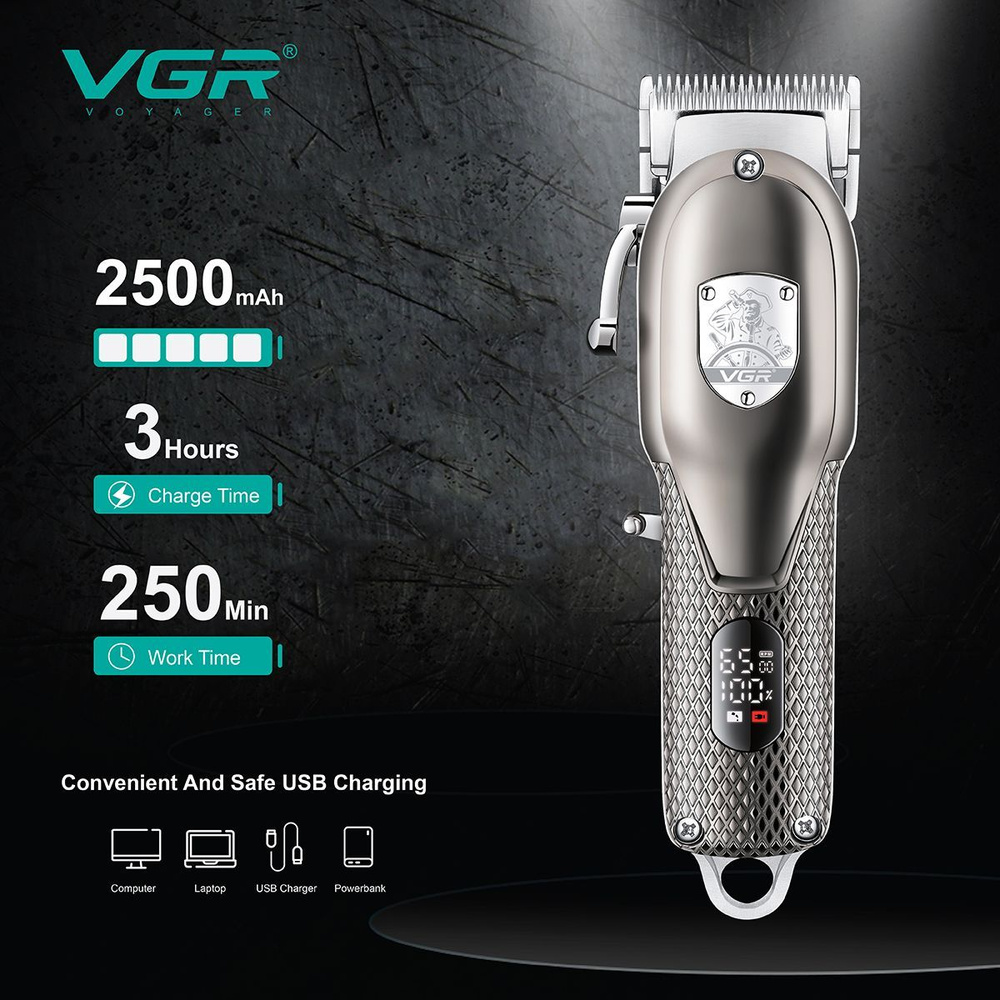 машинка для стрижки волос VGR-276 нержавеющая сталь LED Дисплей Зарядка от USB-порта  #1